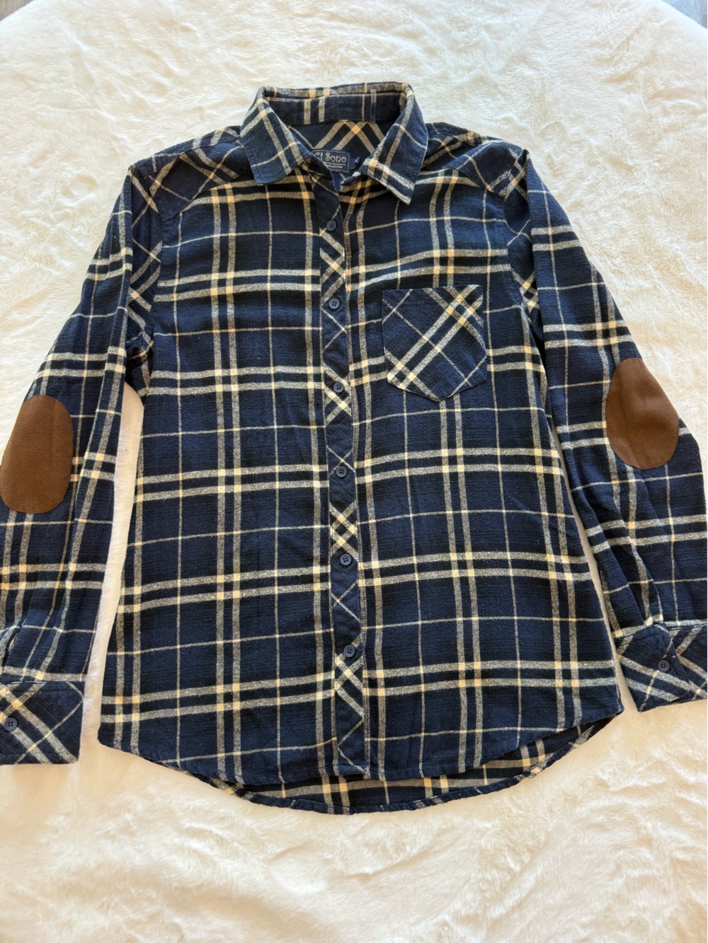 Women's Navy Plaid Button-Up Shirt with Elbow Patches